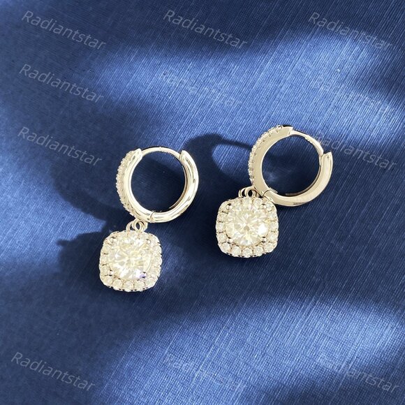 NEW Certified 2ct. t.w. Moissanite Halo Dangle Huggie Hoop Earrings - Picture 6 of 7